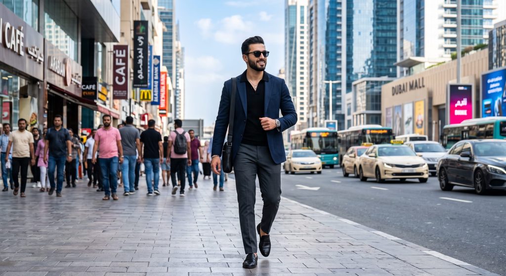 صورة عالية الدقة لرجل يرتدي زياً عصرياً وأنيقاً، في شارع مزدحم بالمدينة